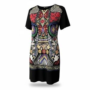 Zara Women Black Shift Dress Sz XXL Multicolor Textured Abstract Geometric Print